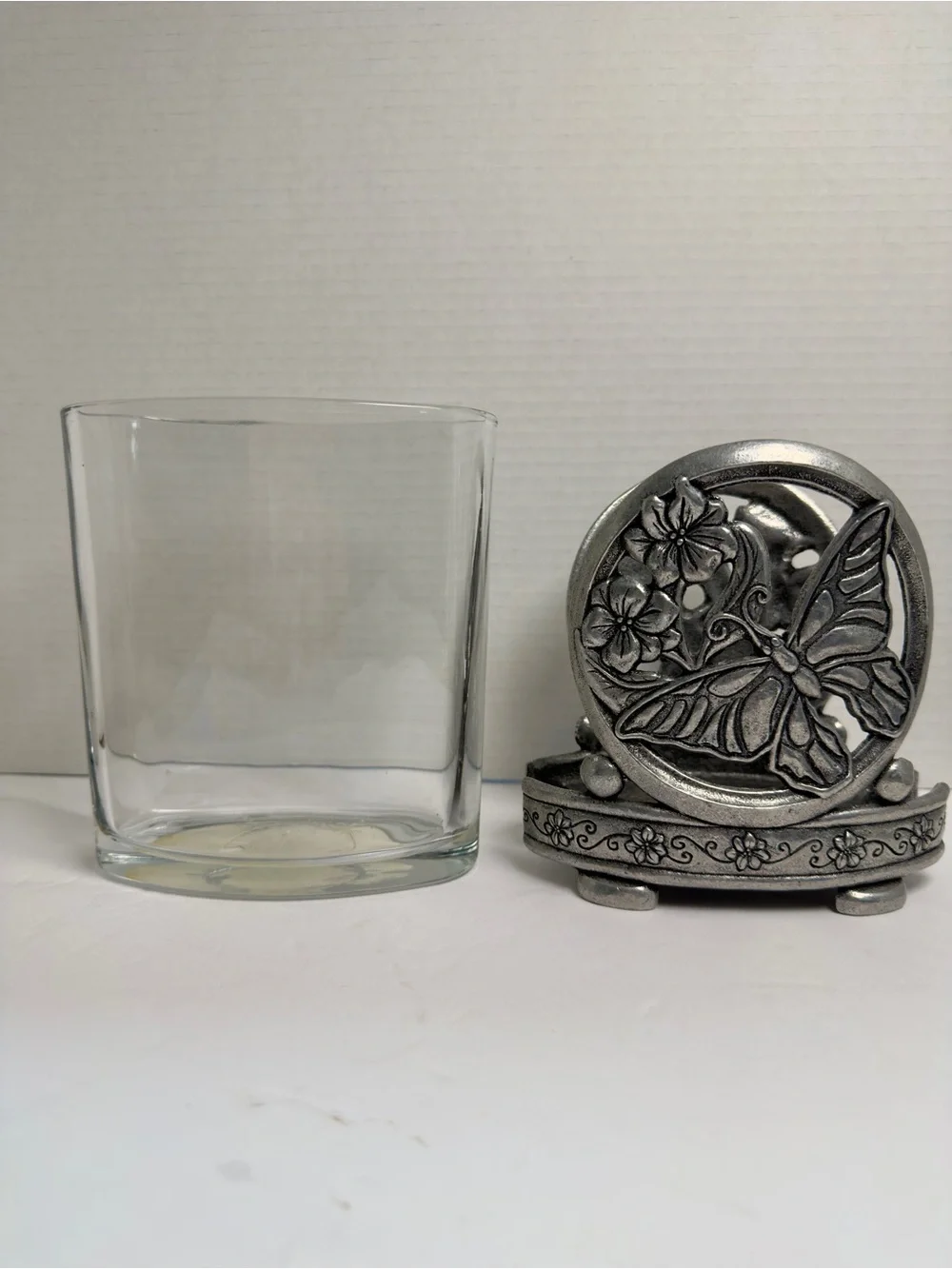 Butterfly Floral Glass Votive Holder - Silver